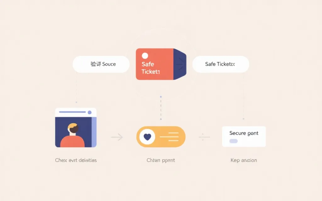安全购票流程示意：核验来源、核对信息、选择安全支付、保留证据