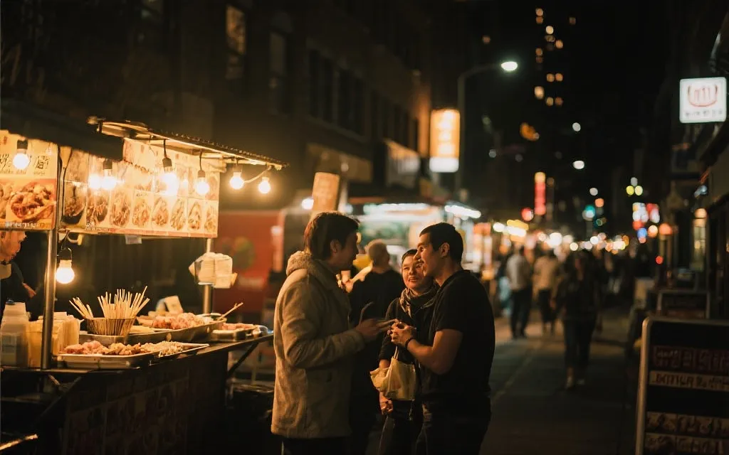 球迷在城市餐馆与夜间街区聚会，灯光温暖，旅行生活方式摄影