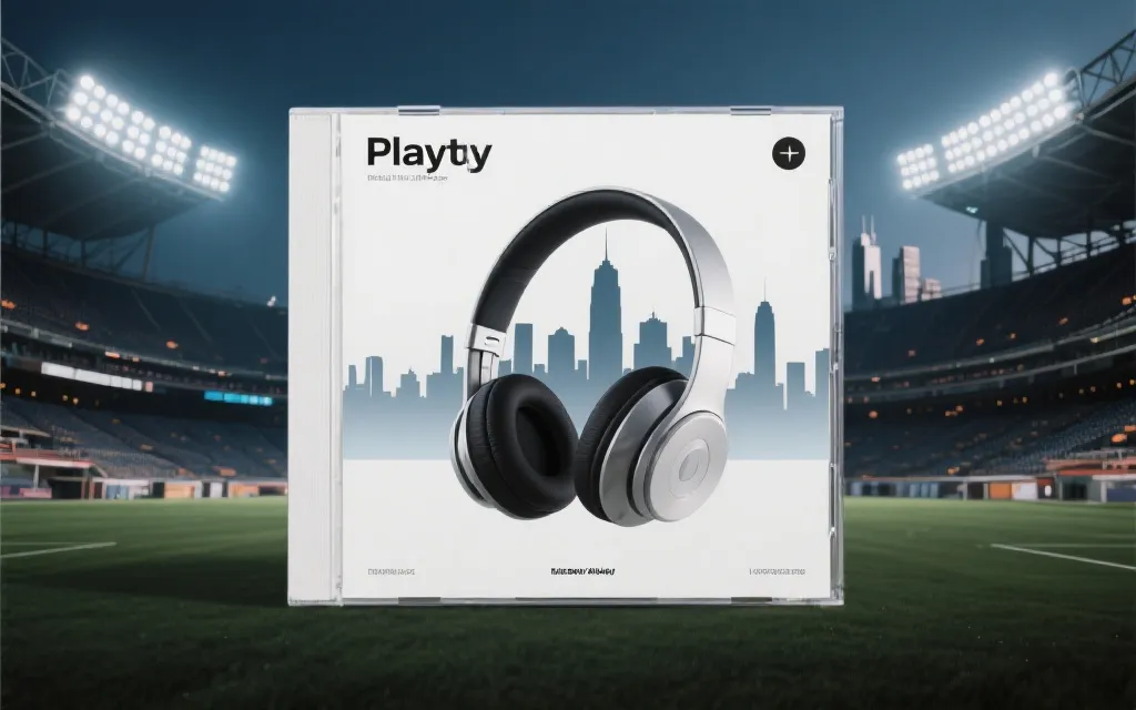 极简风格的歌单封面设计稿，包含球场灯光、城市轮廓与耳机元素的拼贴