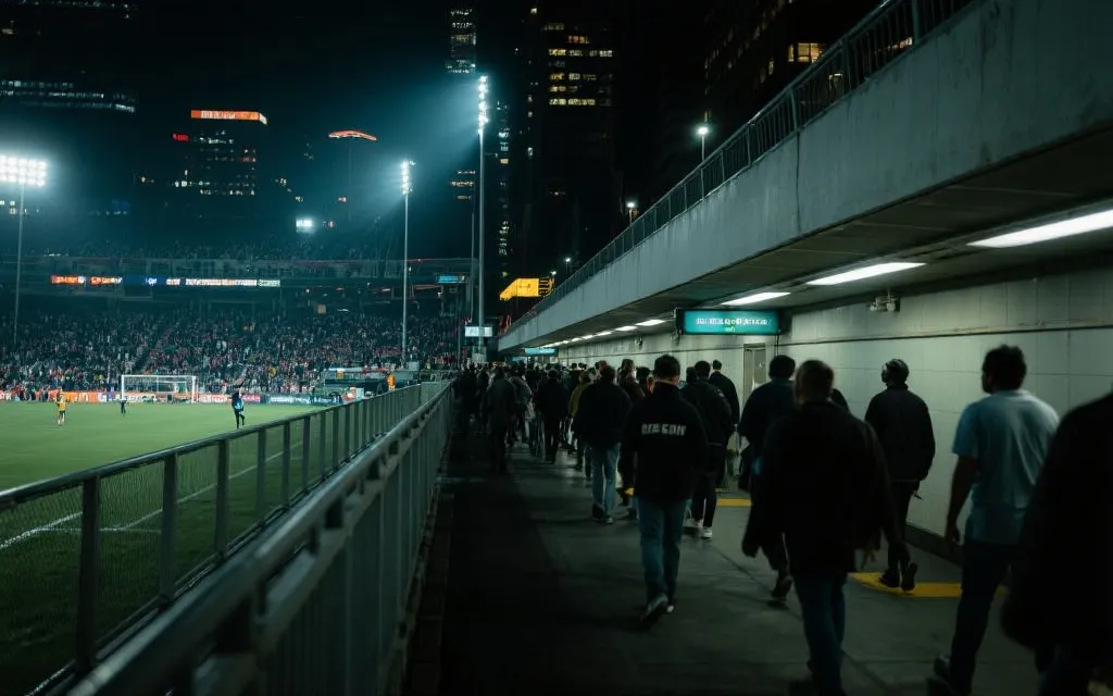 夜场散场后从球场到地铁站的人流与城市夜景