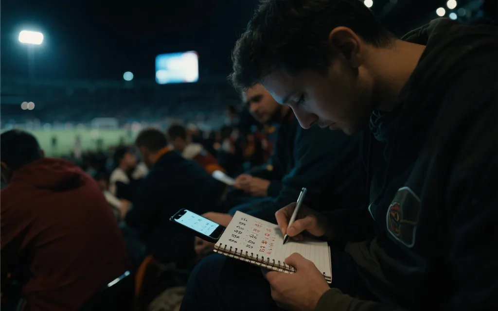 夜晚看球计算出线形势：手写积分表、手机比分、紧张氛围的概念画面